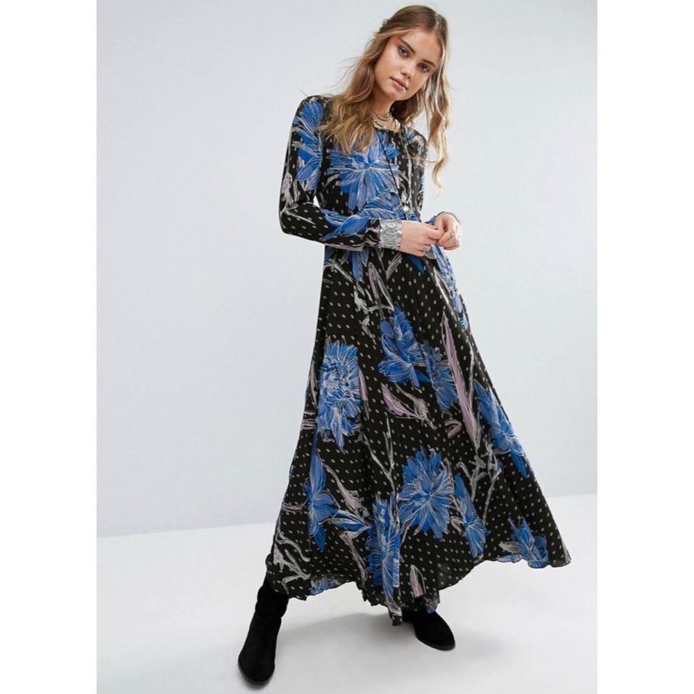 Free People First Kiss Printed Maxi Dress Botanical Night Blue XS